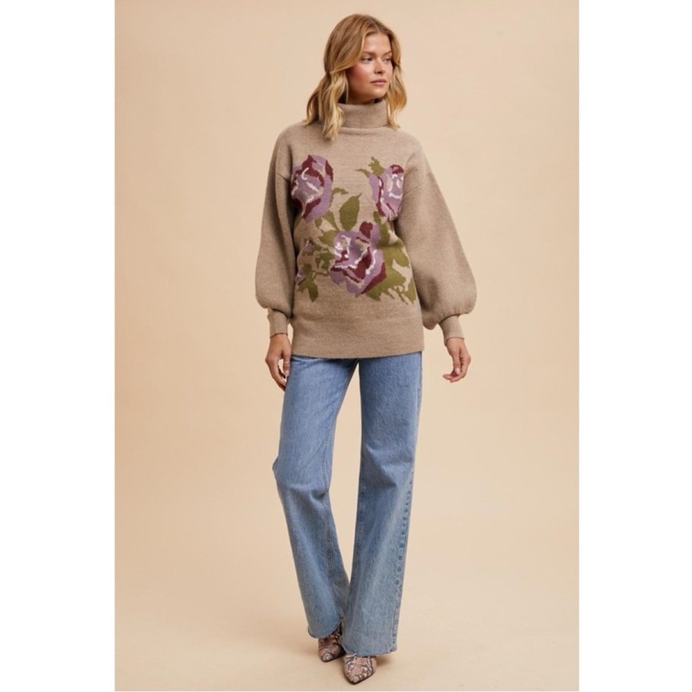Oat Balloon Sleeve Sweater w/Dusty Rose Burgundy Olive Floral Motif